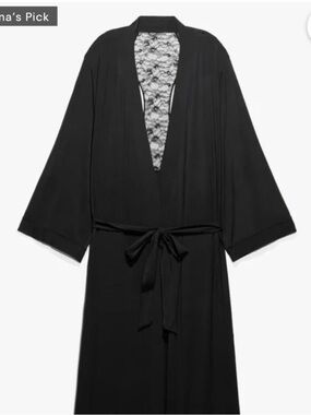 Savage X Fenty Black Lace-Panel Satin Robe with Tie Belt